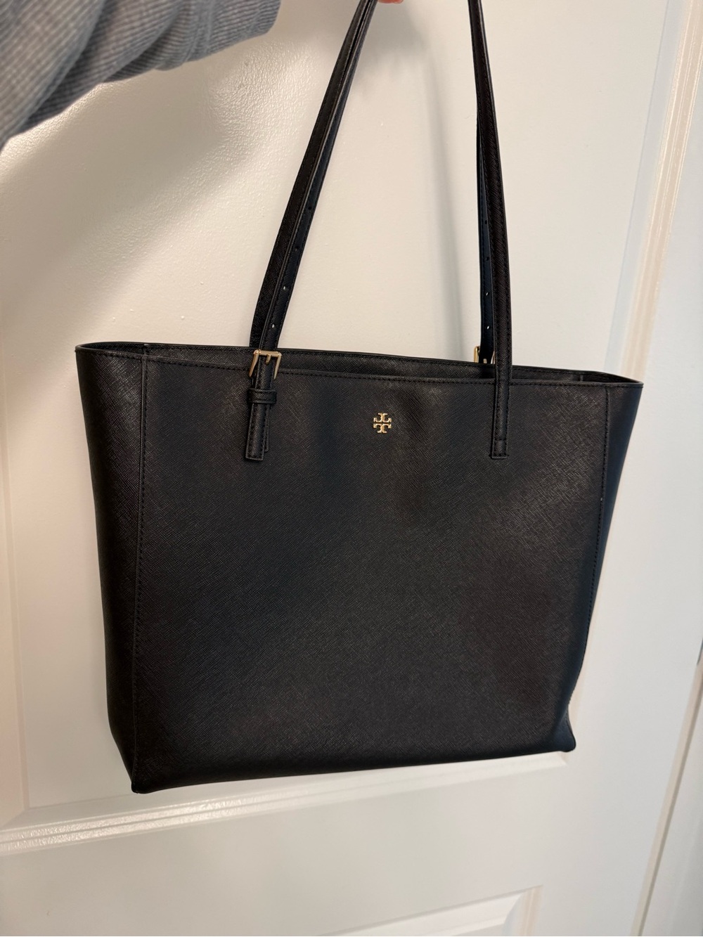 Tory Burch York Black Leather Tote with Gold Logo